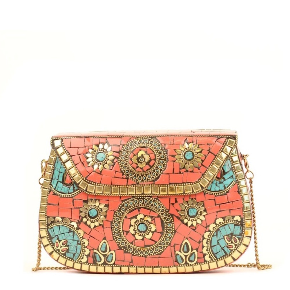 Antik Kraft Amoli Clutch Berry Mosaic Outer Shell Unique Orange Turquoise Purse
